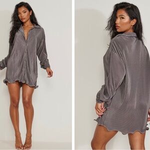 Charcoal Plisse Frill Hem Shirt Dress